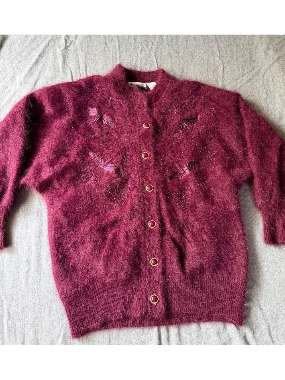 Maroon Fuzzy Angora-Blend Cardigan Sweater Embroidered Dragonflys Size Large